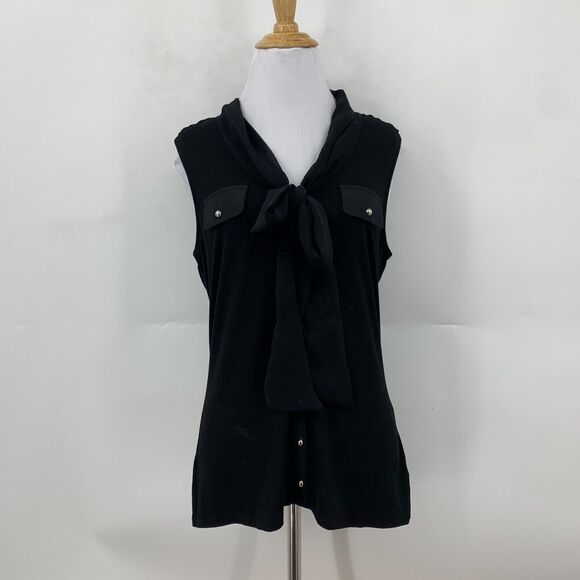 White House Black Market Blouse Womens M Medium Black Pussycat Bow Button Front - Picture 2 of 14